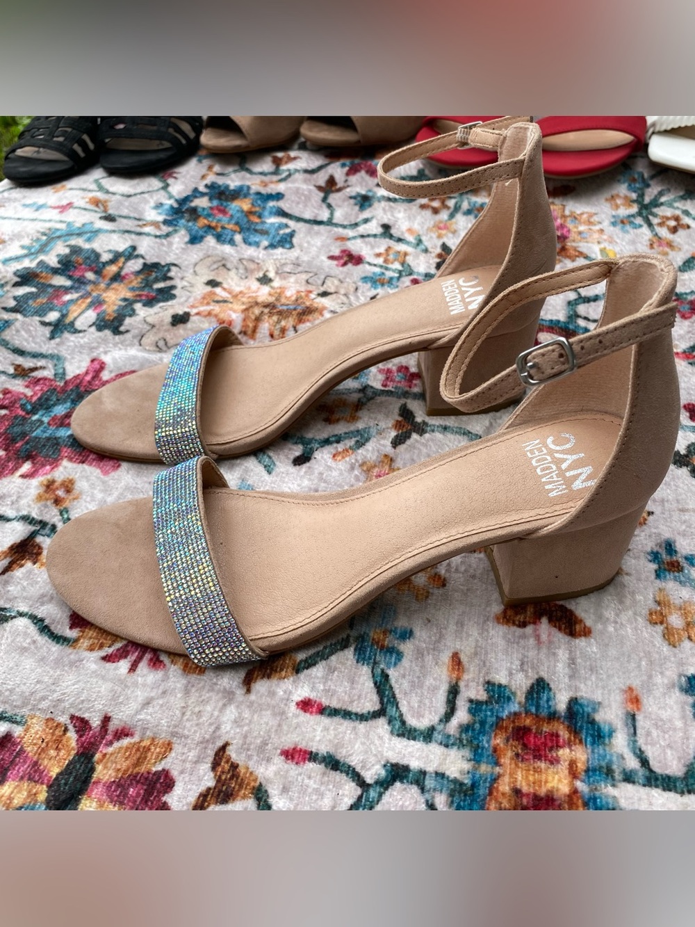 Madden NYC Tan Suede Block Heel Sandal with Sparkling Front Strap